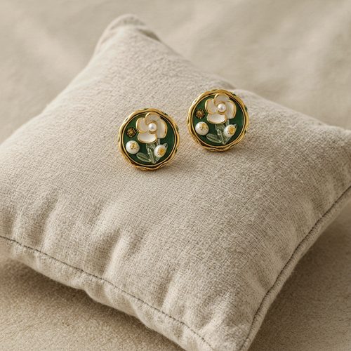 Vintage Flora Enamel Medallion Earring